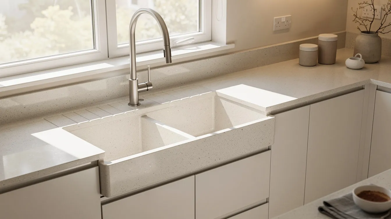 The image depicts a bright and modern kitchen featuring a granite composite drop-in sink installed in a light countertop. Natural light floods the space through a window, highlighting the sleek design and functionality of the kitchen, which is perfect for various sink types and configurations.