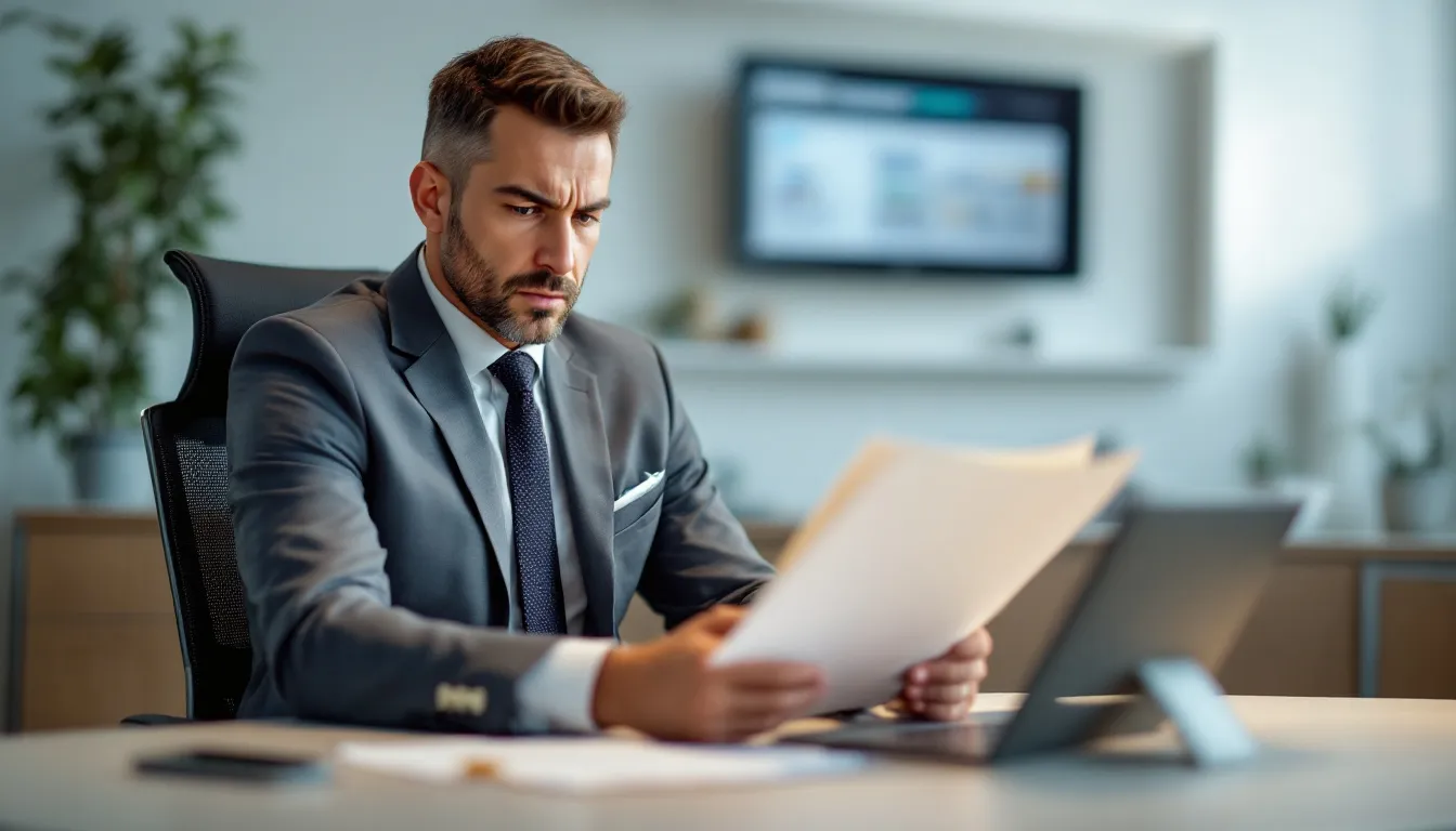A trust litigation attorney analyzing case files, with blurred client information in the background.