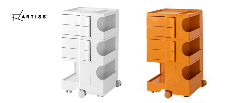 Two Artiss replica Boby trolleys in white and orange.