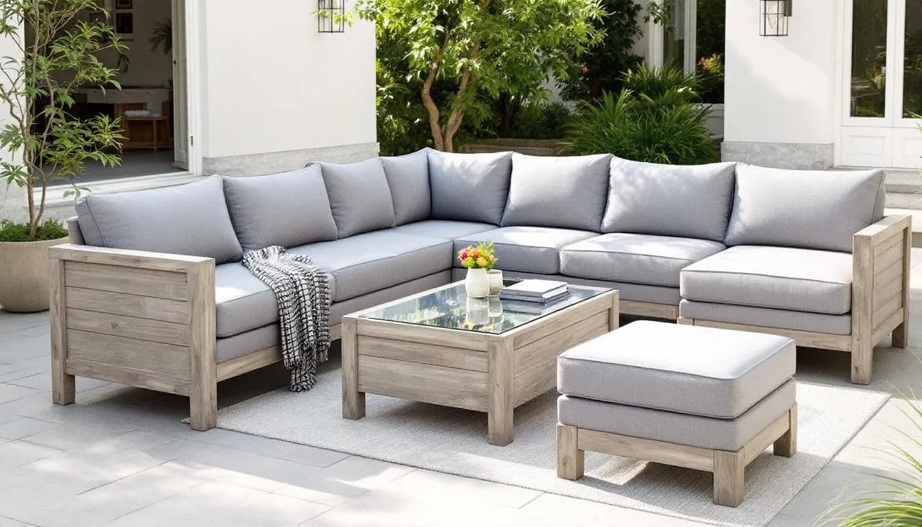 The image features a four-piece outdoor lounge configuration, showcasing modular seating arranged comfortably around an outdoor coffee table, ideal for relaxing with family and friends in your backyard or patio space. The stylish outdoor lounge furniture is designed for year-round enjoyment, enhancing the outdoor elegance of your garden or deck.