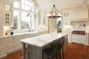 luxury kitchen with large windows with energy-saving window panes
