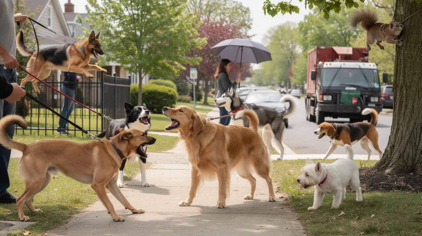 The image depicts a variety of dogs exhibiting different types of reactivity in a controlled environment, illustrating their body language and emotional responses while encountering other dogs. This scene highlights the importance of understanding dog reactivity, including leash reactivity and the specific triggers that may provoke reactive behavior.