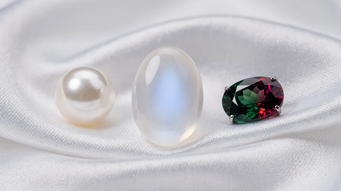 The image features three stunning gemstones—pearl, moonstone, and alexandrite—arranged elegantly on white silk fabric, highlighting their unique qualities. These gems are traditional June birthstones, often associated with purity and mental clarity, making them popular choices for jewelry and gifts for June birthdays.