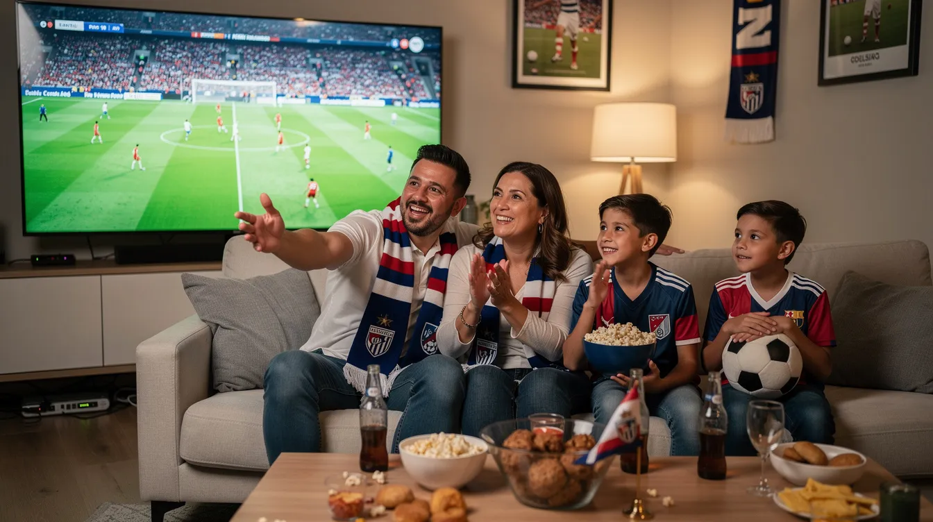 Una familia se reúne en el salón, disfrutando de un partido de fútbol en una pantalla grande, rodeados de un ambiente deportivo. La escena refleja la emoción de los aficionados al deporte, mientras comparten la experiencia de ver televisión en vivo con una calidad de imagen nítida.