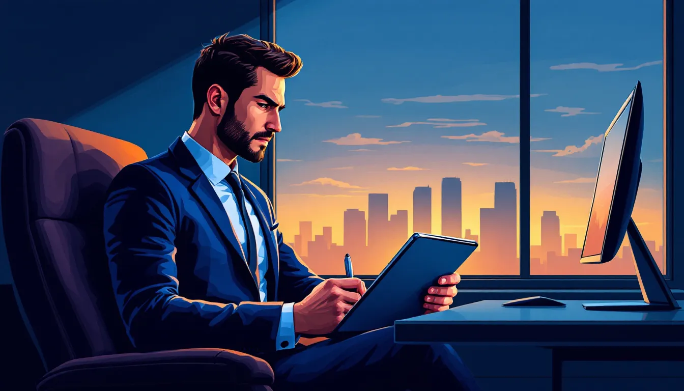 A serene image of a person reviewing their investment portfolio during a down market, emphasizing the importance of staying invested.