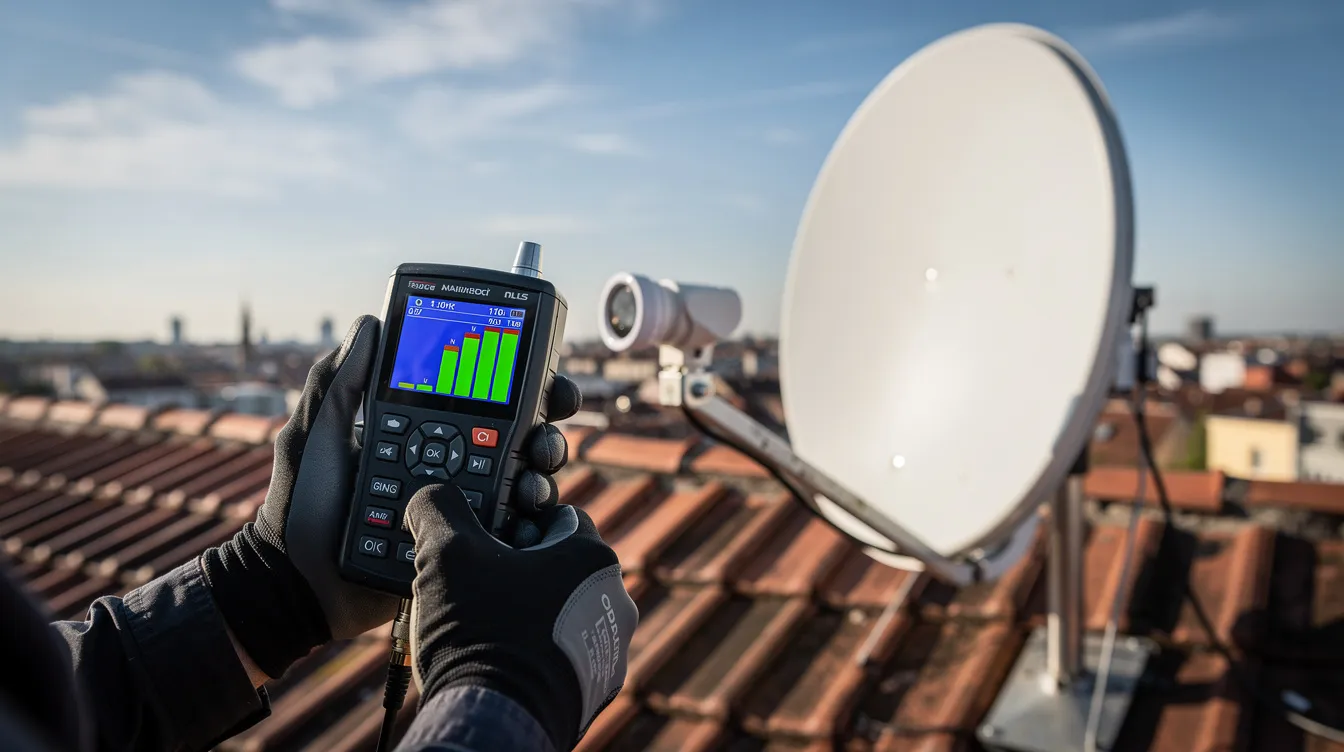 The image shows a close-up view of a satellite dish being aligned on a rooftop, with a signal meter indicating the strength of the signal. This setup is essential for ensuring optimal performance of a DSTV installation, particularly for users experiencing signal problems.