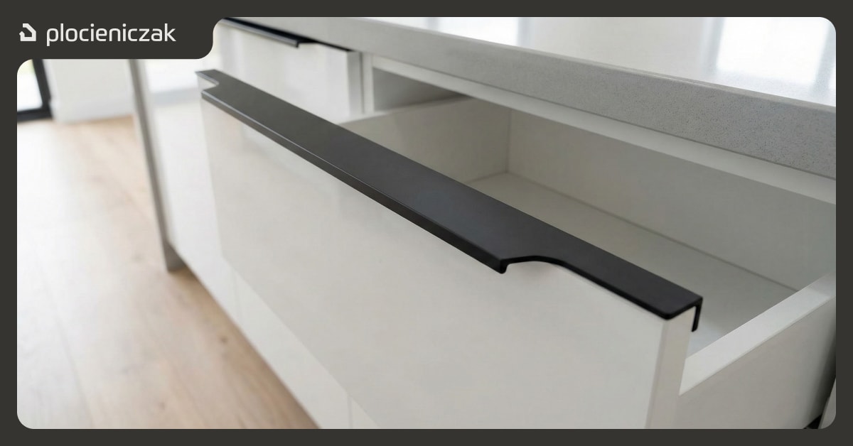 Minimalistyczne uchwyty krawędziowe montowane na białych frontach kuchennych.