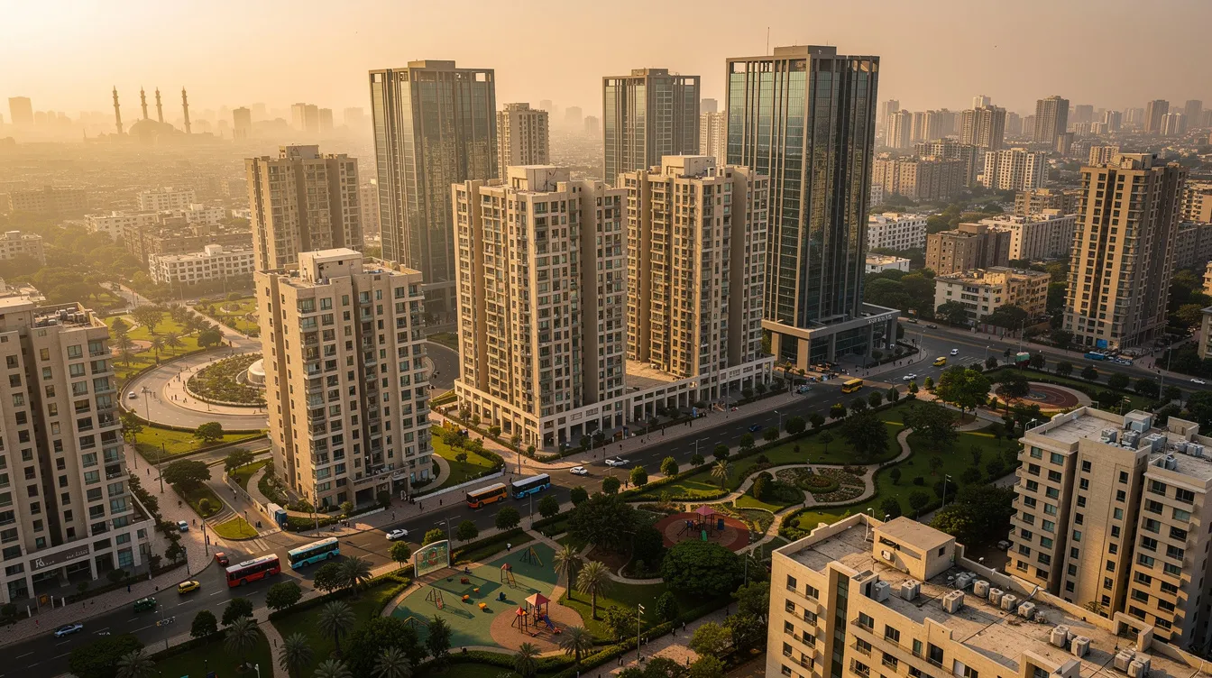 The image showcases a modern Pakistani cityscape featuring tall residential towers surrounded by lush green spaces, captured from an elevated angle during the golden hour, highlighting the blend of urban development and nature. This vibrant scene reflects the potential for investment opportunities and digital banking solutions, such as the Allied Bank Roshan Digital Account, catering to non-resident Pakistanis and overseas individuals.