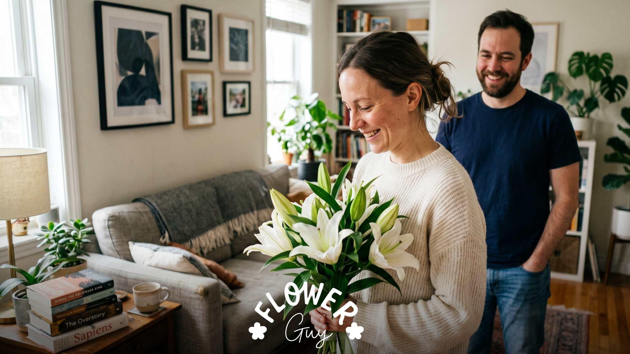Woman in cream sweater holding white lily bouquet at home, smiling, partner standing behind her, Flower Guy same-day delivery