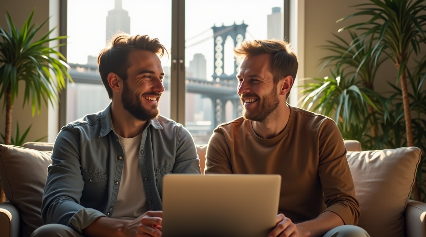 Image of gay couple doing online couples therapy with a professional gay couples therapist in Manhattan.
