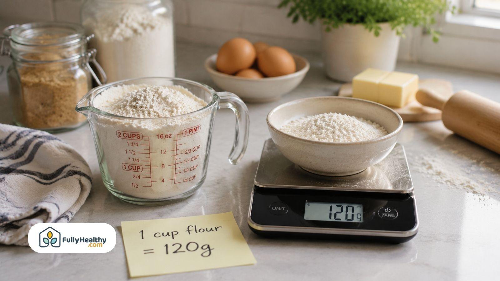 Measuring cup flour with digital scale and 120 gram note