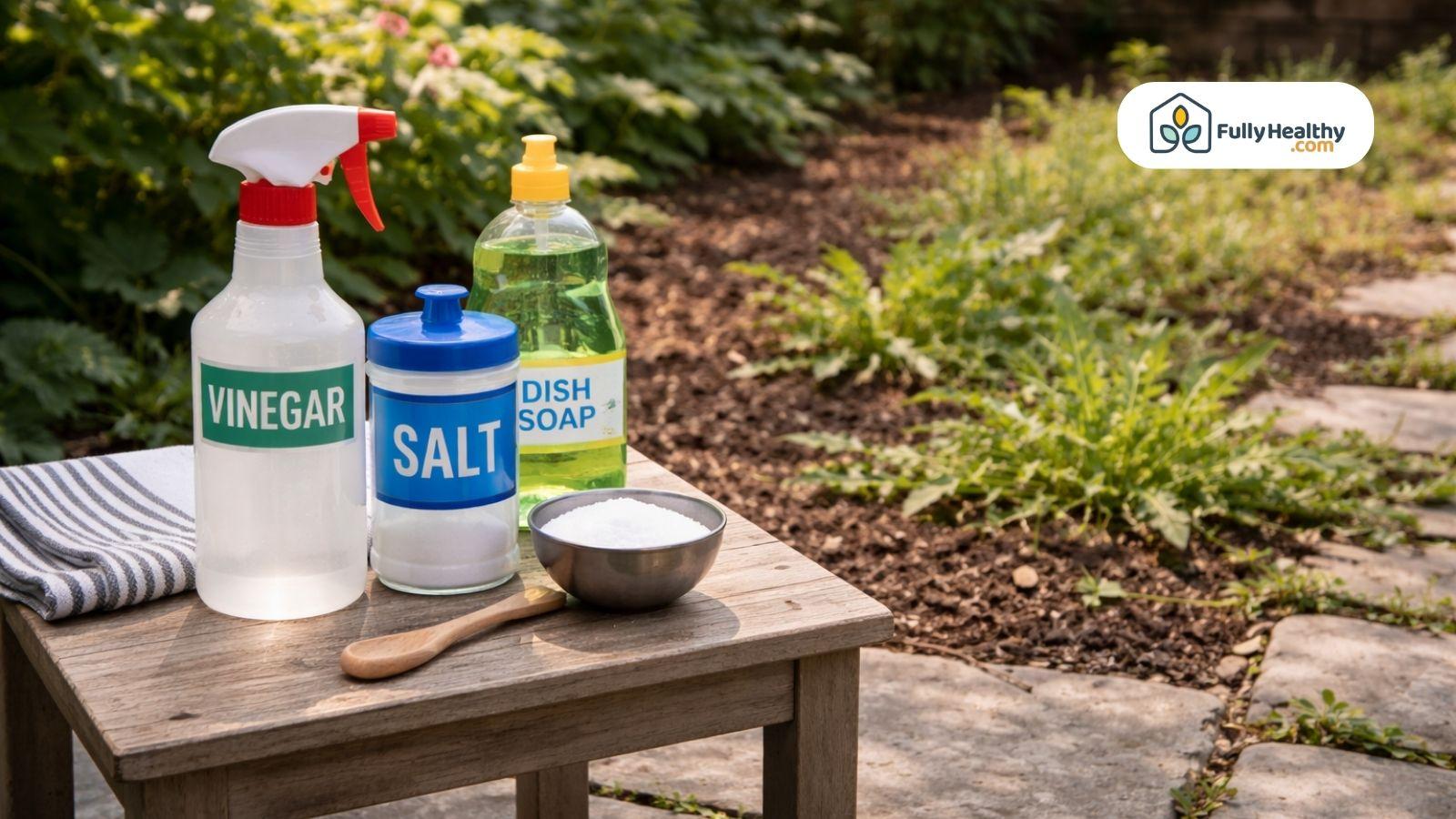 Vinegar salt and dish soap setup for natural weed control outdoors