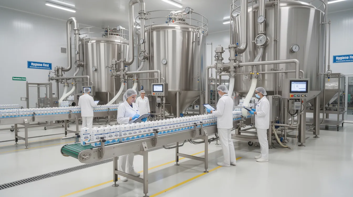 The image depicts the interior of a modern dairy processing factory, showcasing stainless steel equipment and workers dressed in white uniforms as they manage the production of milk products. This efficient setup highlights the importance of financial management and working capital in ensuring smooth operations and profitability in the dairy business.