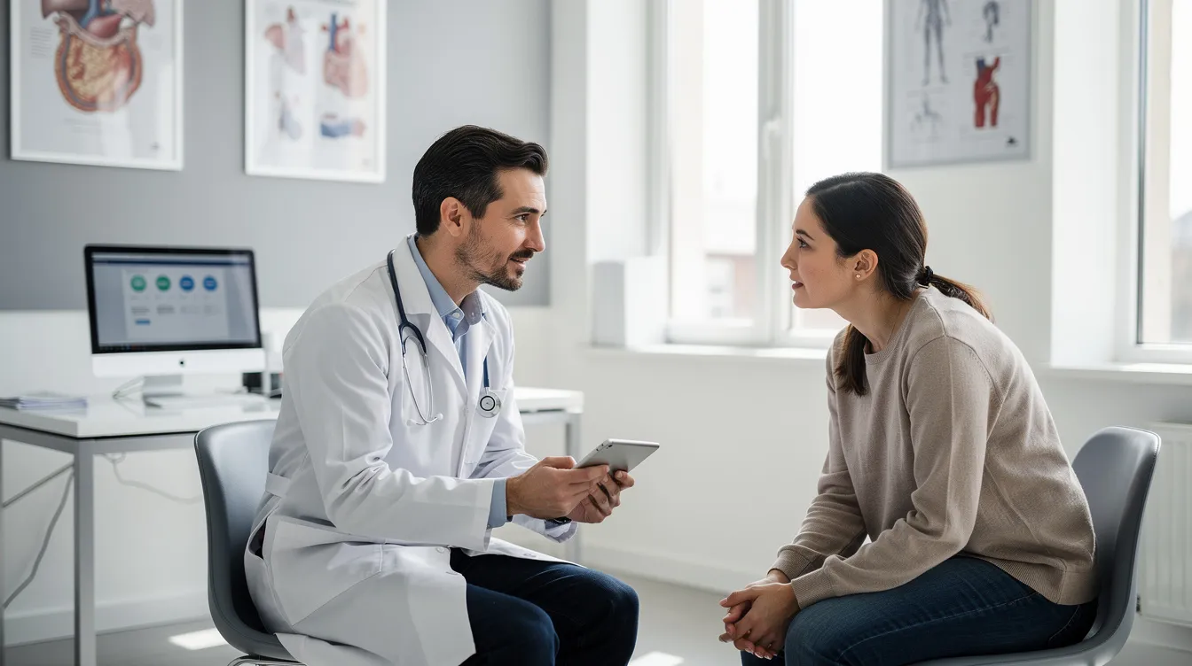 A doctor is consulting with a patient in a modern clinical office, discussing options for a neck lift procedure to address issues like sagging skin and excess fat in the neck area. The consultation aims to help the patient achieve a more youthful appearance through cosmetic surgery.