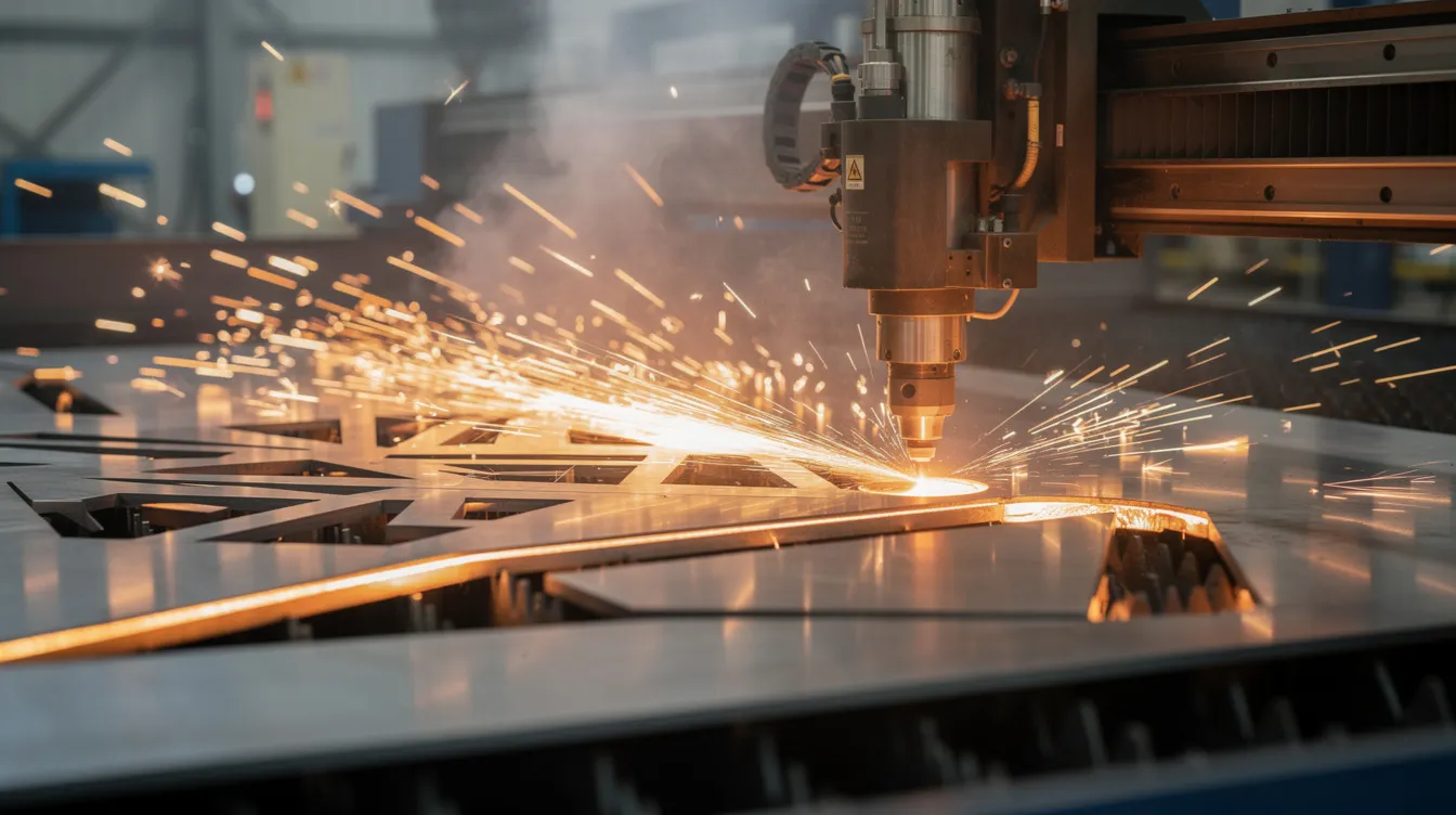 The image depicts an industrial fiber laser cutting machine actively cutting intricate shapes from a steel sheet, with bright sparks flying from the cutting area. This precision sheet metal fabrication process highlights the machine's ability to create complex geometries while ensuring tight tolerances and consistent quality in the final product.