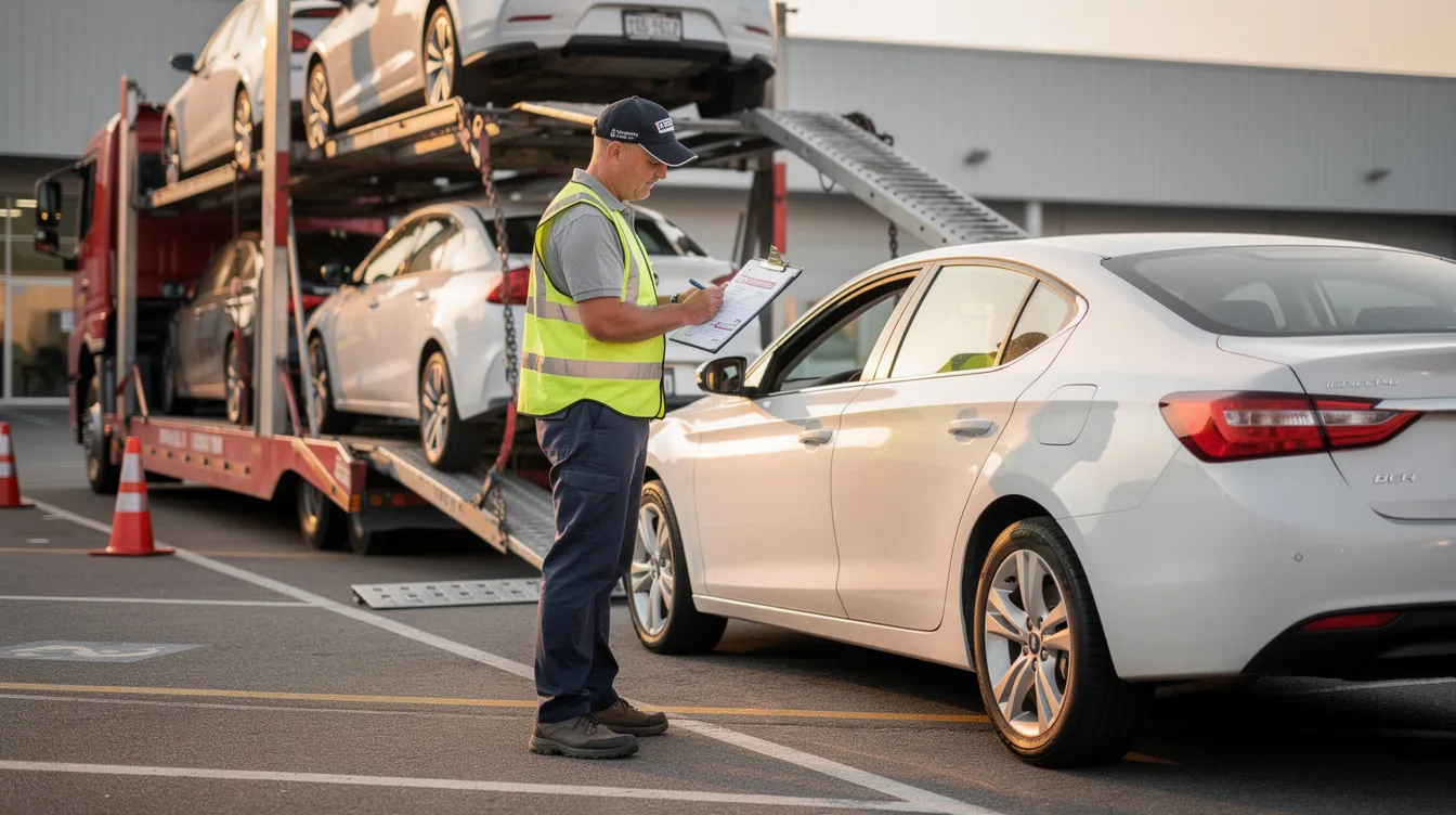 A professional truck driver is carefully inspecting a white sedan before loading it onto a transport trailer, ensuring the vehicle is secure for auto transport. This process highlights the attention to detail and safety required in the car shipping industry to deliver rental vehicles to their new destination safely.