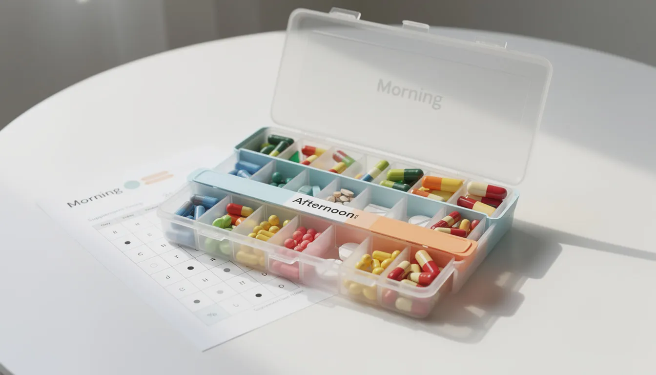 The image features a daily pill organizer divided into morning and afternoon sections, showcasing a supplement timing schedule that promotes healthy thyroid function. Each section is labeled for easy access, highlighting a variety of pills designed to support energy and overall well-being.