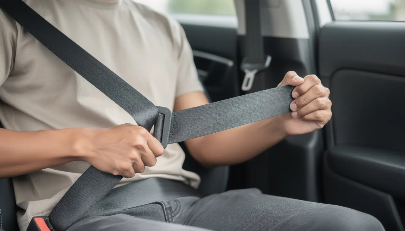 A person is pulling a seat belt out fully from a vehicle's seat to check for any twists or issues with the seat belt retractor, ensuring it is working properly and safe for use. This inspection is crucial for preventing serious injuries in case of an accident.