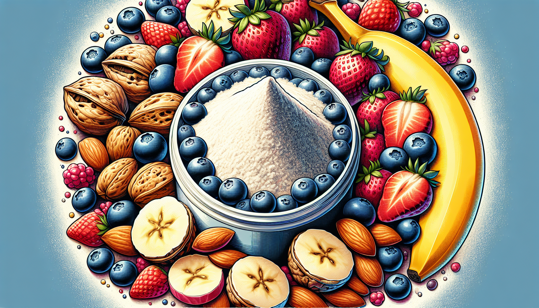 Scoop of whey protein powder with fruits and nuts