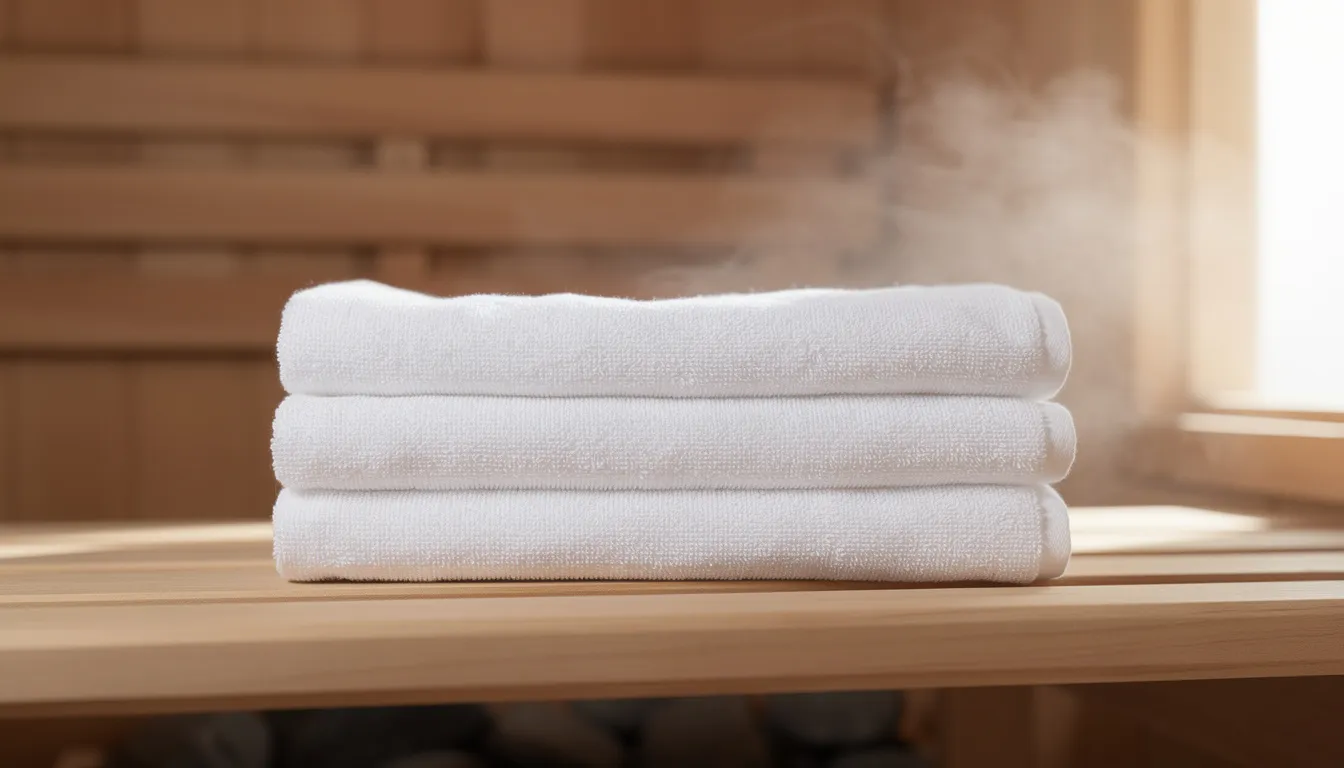 A stack of clean white cotton towels is neatly arranged on a wooden sauna bench, ready to enhance the infrared sauna experience and provide comfort during relaxation sessions. These towels complement the wellness routine often associated with indoor saunas, adding a touch of warmth and convenience.