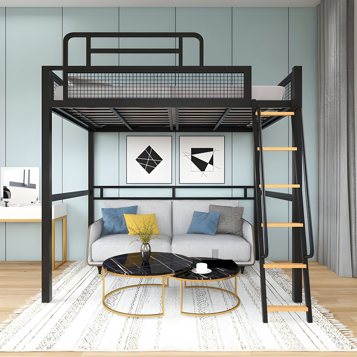 modern black metal loft bed with ladder and sofa underneath