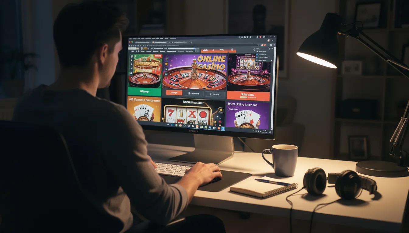 En person sidder ved en computer og undersøger forskellige online casino-muligheder, herunder udenlandske casinoer og danske licenserede casinoer. Skærmen viser information om attraktive bonusser og muligheder for loyale spillere, hvilket gør det nemt at finde det bedste online casino.