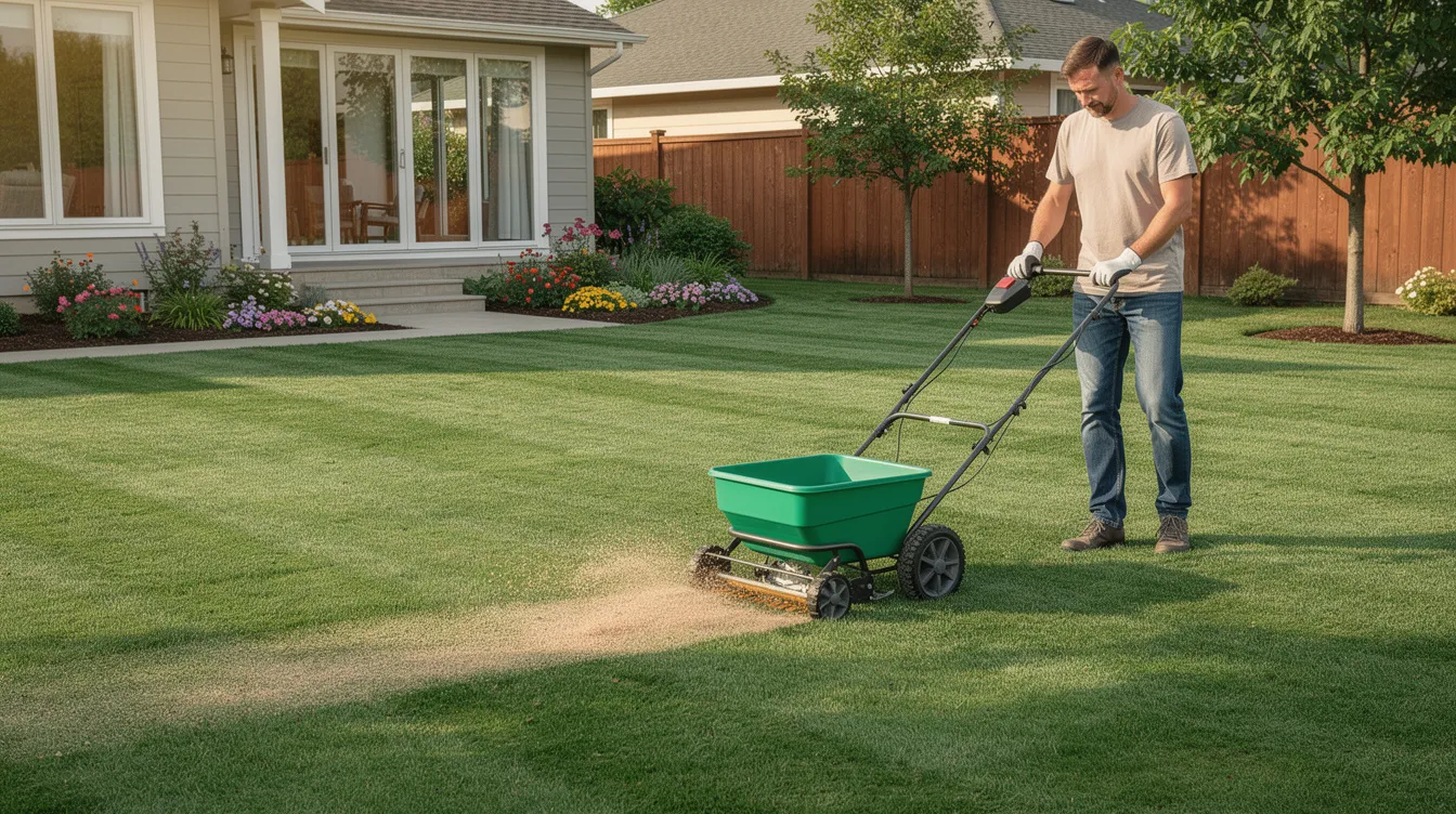 A homeowner is evenly applying summer lawn treatment across a lush garden lawn, ensuring the grass receives the necessary nutrients for healthy growth. This activity is essential for maintaining a vibrant outdoor space, especially during the hot summer months when lawn care is crucial to prevent weeds and support stronger root growth.