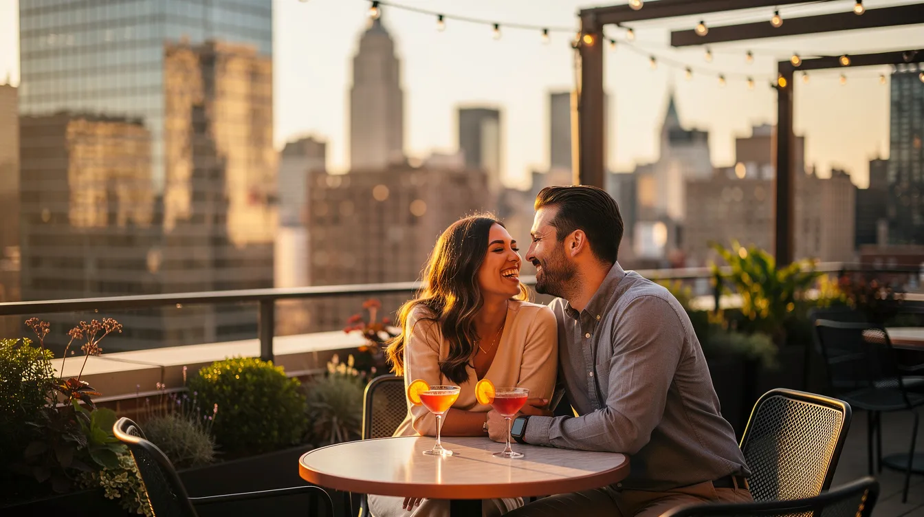 A couple enjoys cocktails at a rooftop bar in Manhattan, surrounded by the vibrant NYC skyline, embodying the excitement of dating in New York. Their intimate moment reflects the thrill of the city's dating scene, where real connections can blossom amidst the fast-paced atmosphere.