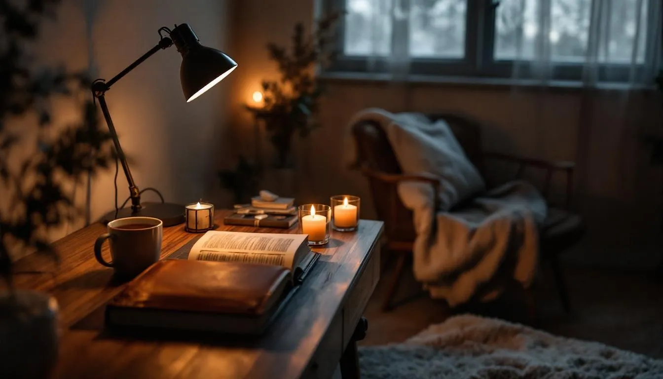 The image depicts a cozy bedroom setup with soft, dim lighting, featuring a neatly arranged book and various calming items for an evening routine, suggesting a peaceful atmosphere conducive to improved sleep quality. The scene hints at the potential benefits of magnesium supplementation, such as magnesium glycinate, for promoting restful sleep and supporting muscle function.