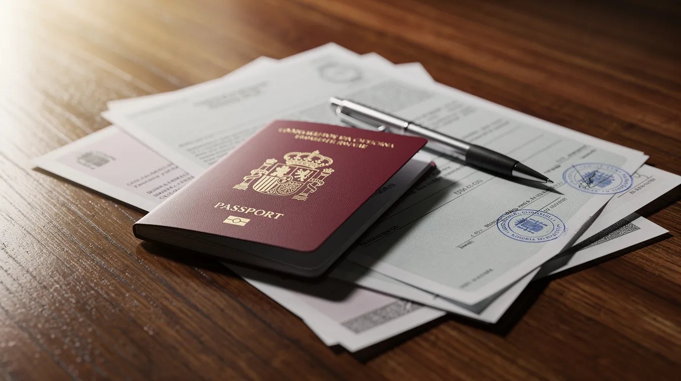 En la imagen se observa un pasaporte, documentos oficiales y un bolígrafo sobre un escritorio de madera, elementos esenciales para el proceso de solicitud de visado de estudios en España. Estos documentos son fundamentales para los estudiantes que buscan obtener una autorización de estancia por estudios.