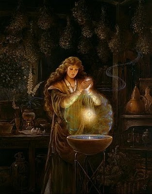 Cerridwen putting light into a cauldron inside a magical hut.