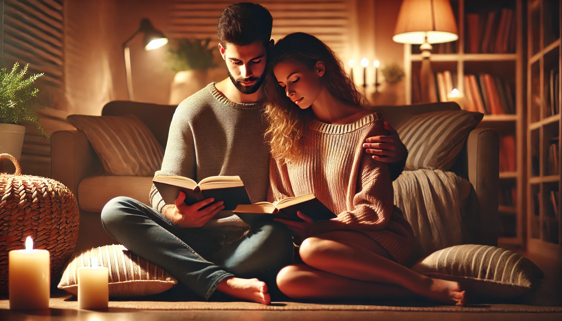 A couple reading together in a cozy living room