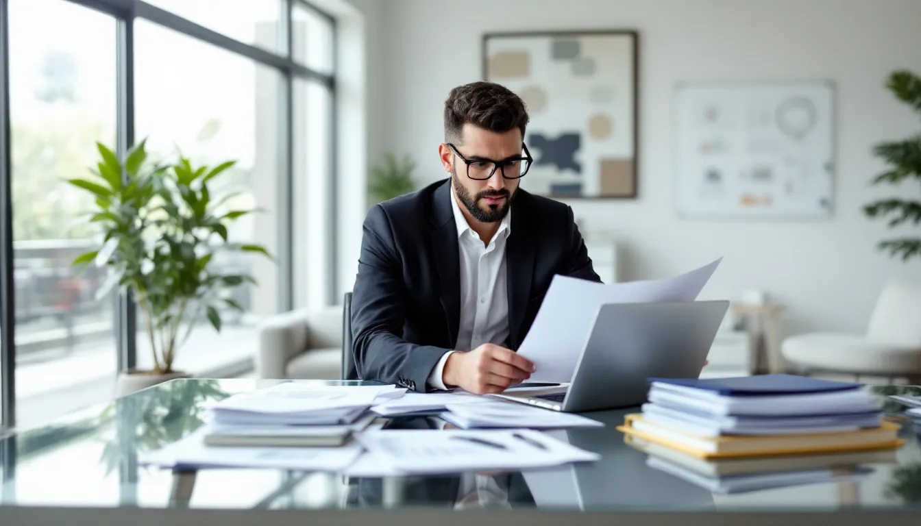 A business owner is seated at a sleek desk in a modern office, carefully reviewing various financial documents that may include details about retirement savings and life insurance policies. The scene emphasizes the importance of planning for retirement income and the potential benefits of using life insurance for retirement, such as cash value accumulation and tax-free withdrawals.