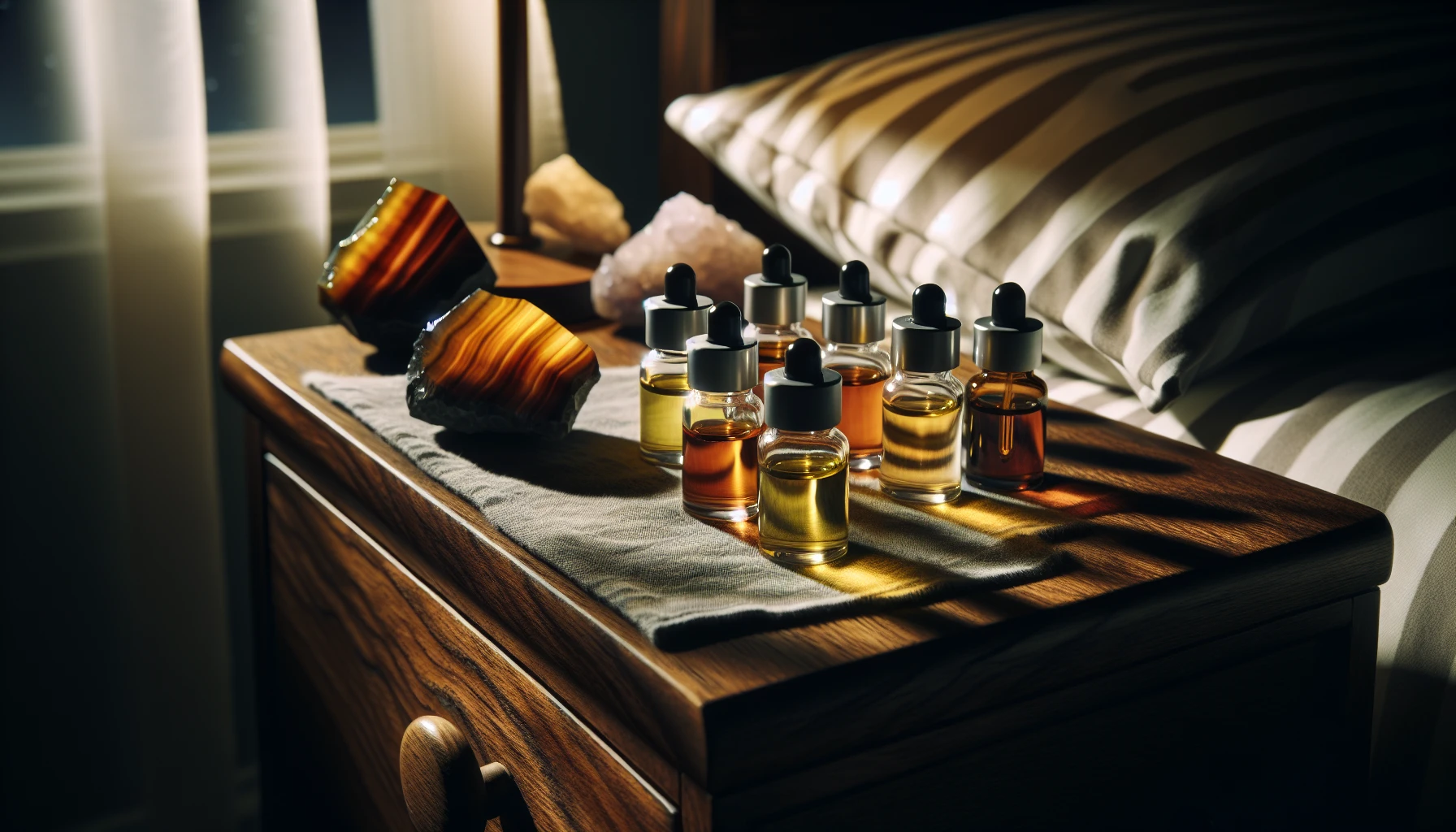 Aromatherapy oils and Tiger's Eye crystal on a nightstand