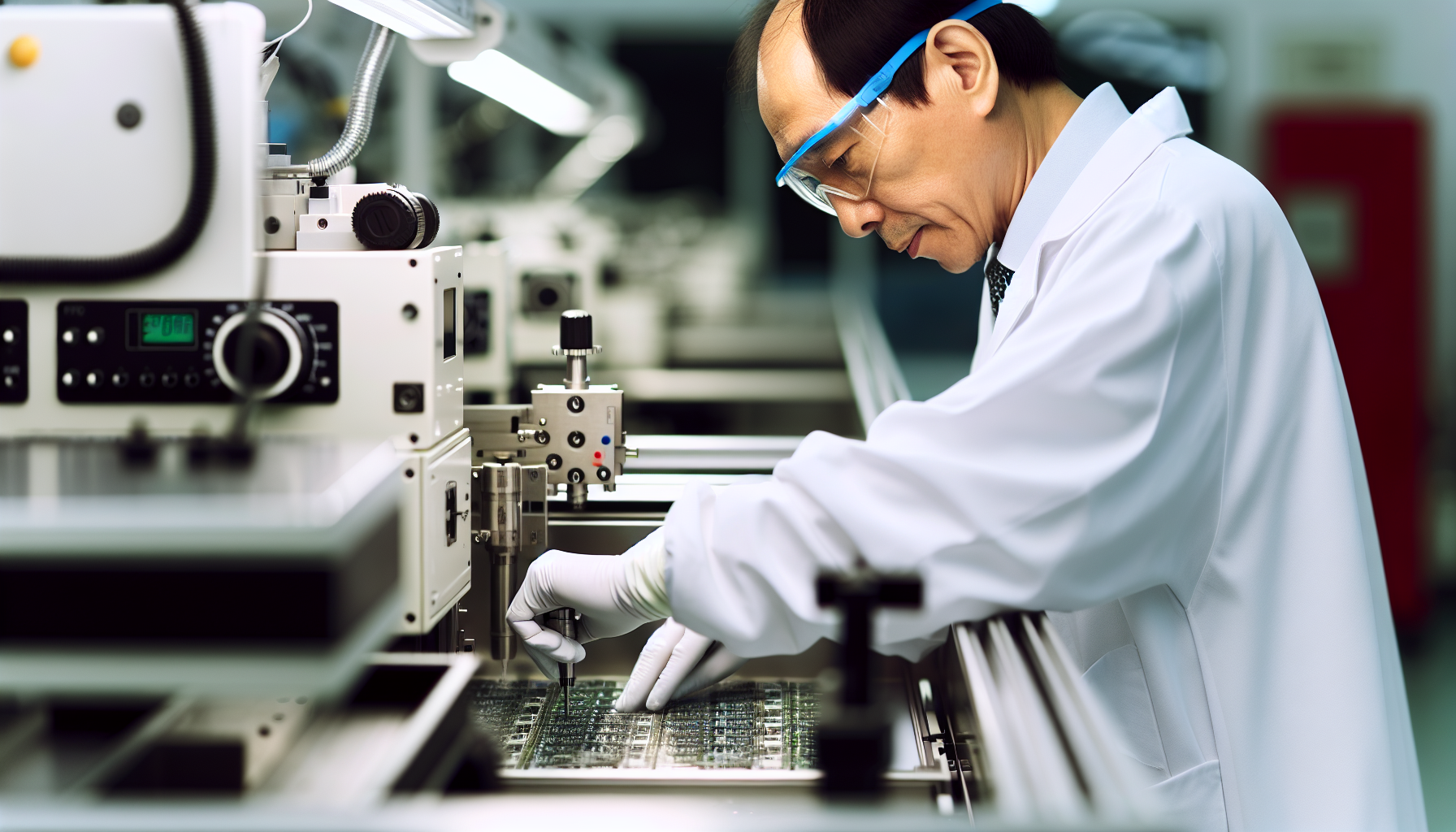 A technician using advanced manufacturing equipment for medical PCB production