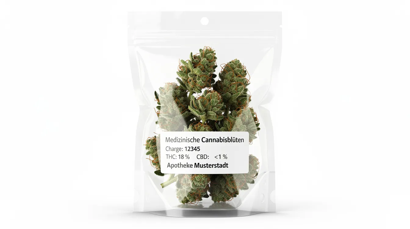Auf dem Bild sind medizinische Cannabisblüten in einer durchsichtigen Verpackung zu sehen, die auf einem weißen Hintergrund liegt. Diese Blüten sind für Cannabis-Patienten bestimmt und können in Apotheken in Deutschland erworben werden, wobei die Preise je nach Sorte und Wirkstoffgehalt variieren.