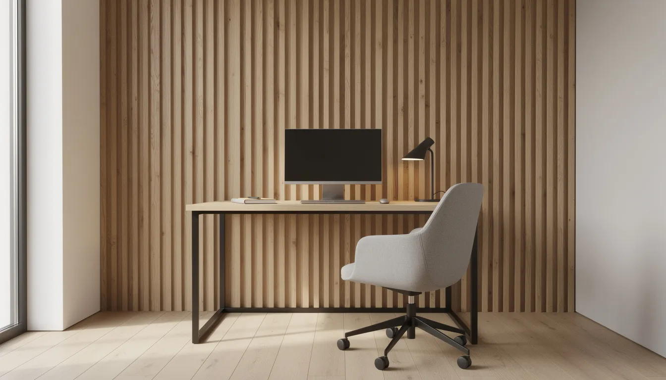Een thuiswerkplek met een houten lattenwand achter een bureau en een designbureaustoel. De houten latten zorgen voor een sfeervolle uitstraling en kunnen bijdragen aan het verbeteren van de akoestiek in de ruimte, waardoor storende geluiden worden verminderd.