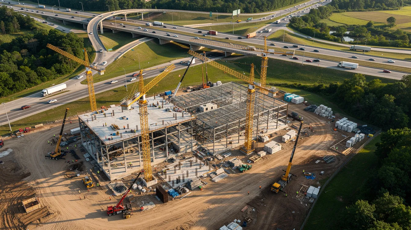 An aerial view captures a bustling commercial construction site featuring multiple cranes, with a wide Tennessee highway interchange visible in the background. This scene reflects the dynamic nature of the construction industry, highlighting the importance of skilled trades and effective project management for successful construction projects.