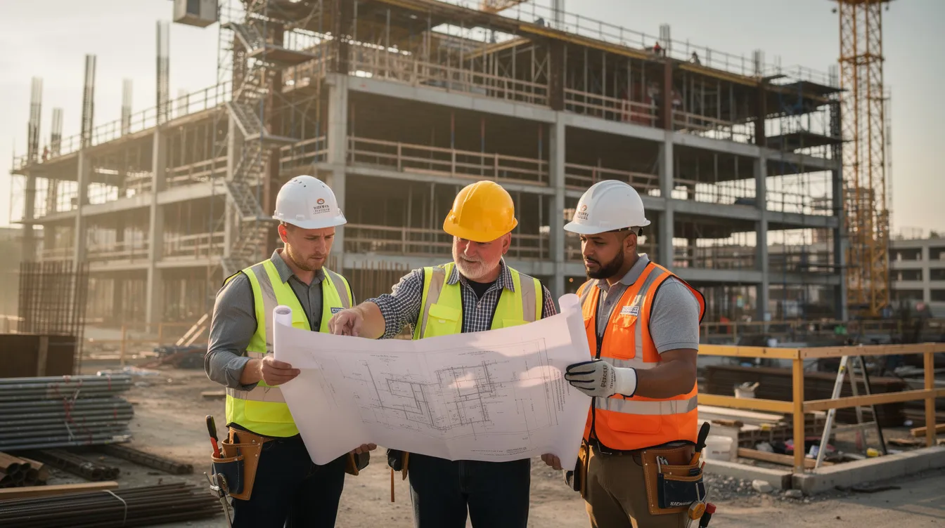 A construction superintendent in a hard hat is seen reviewing blueprints with crew members on a commercial building site, demonstrating key responsibilities in construction management and project oversight. This scene highlights the importance of strong communication skills and leadership in managing complex projects and ensuring safety compliance on job sites.