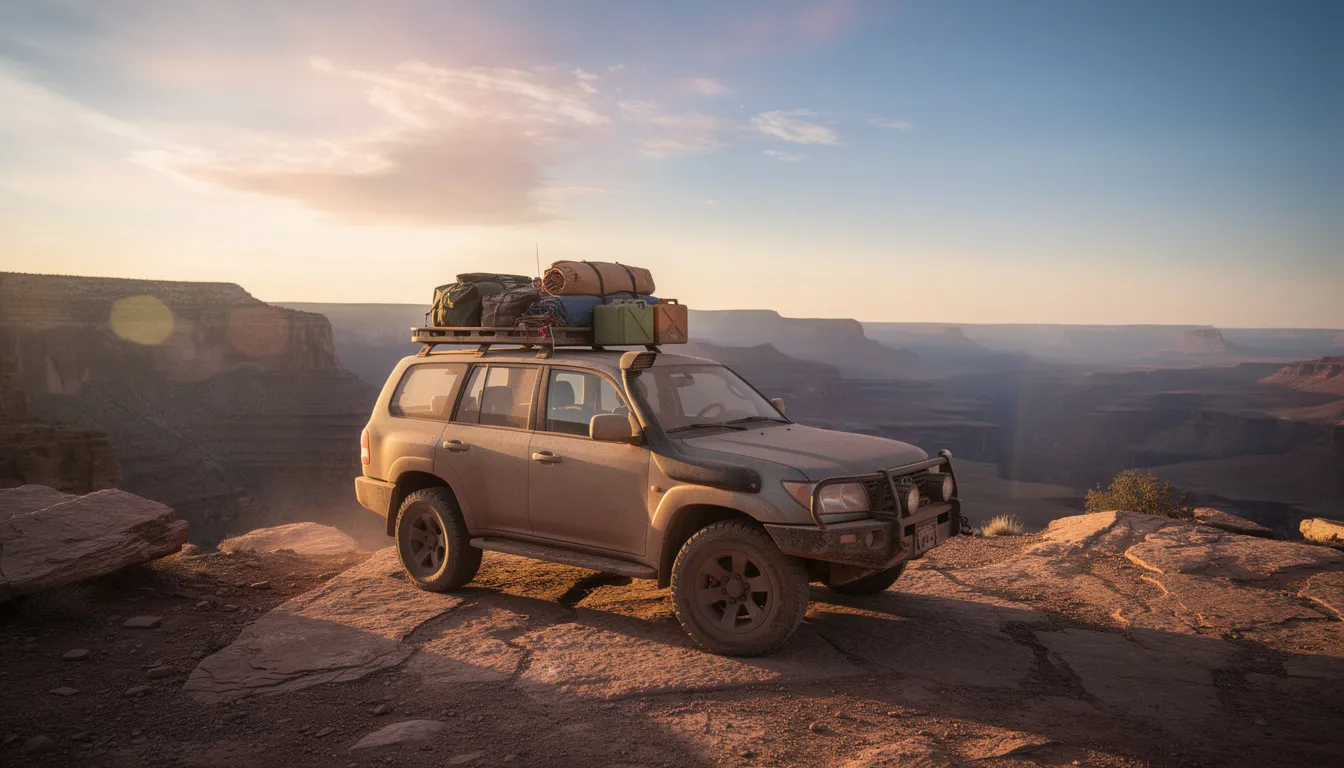 An SUV with a roof rack, loaded with camping gear, is parked at a desert overlook during golden hour, casting warm light over the scene. Nearby, a portable solar shower is set up, perfect for a refreshing warm shower after a day of outdoor adventures.