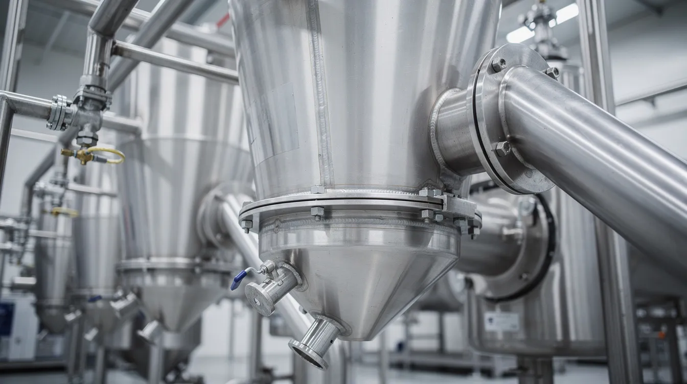 The image shows a close-up view of industrial stainless steel grinding and pulverising machinery, featuring hoppers that are part of a besan mill plant. This innovative machinery is designed for the production of high-quality besan, ensuring consistent quality and efficiency in the food processing industry.