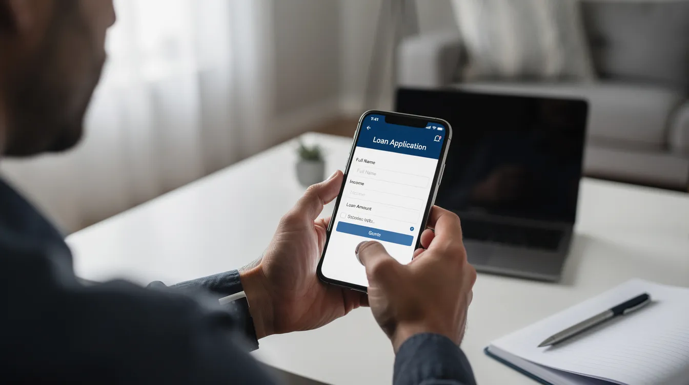 A person is sitting at a table, focused on their smartphone as they fill out an online loan application form, likely for a 免 tu 貸款. The screen displays fields for personal information and financial details, emphasizing the convenience of the online application process.