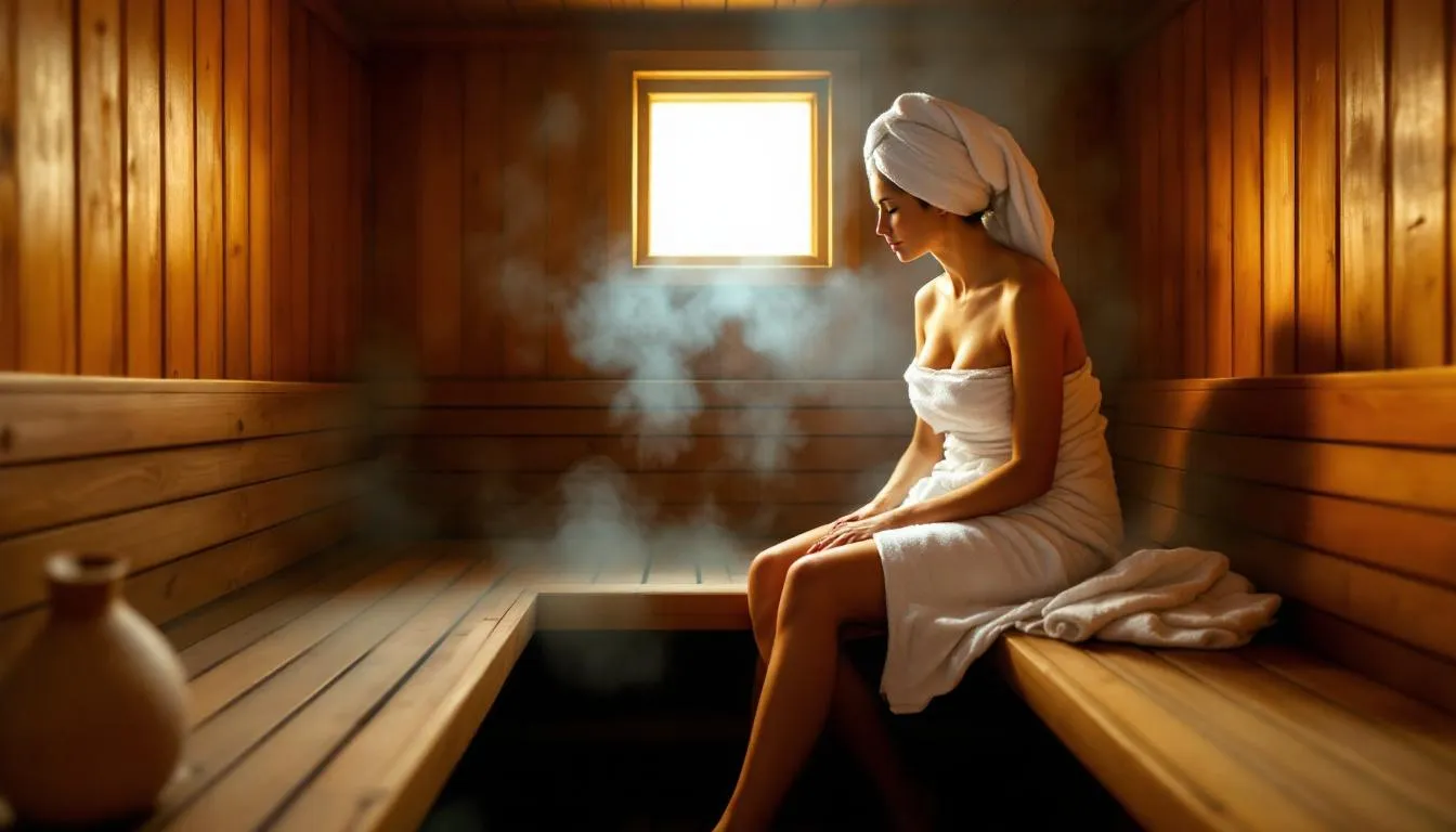 The image depicts a serene sauna environment, showcasing individuals enjoying a sauna session, which is known for its heat therapy benefits. Sauna therapy can help manage sugar cravings and improve overall health by increasing blood flow and enhancing insulin sensitivity.