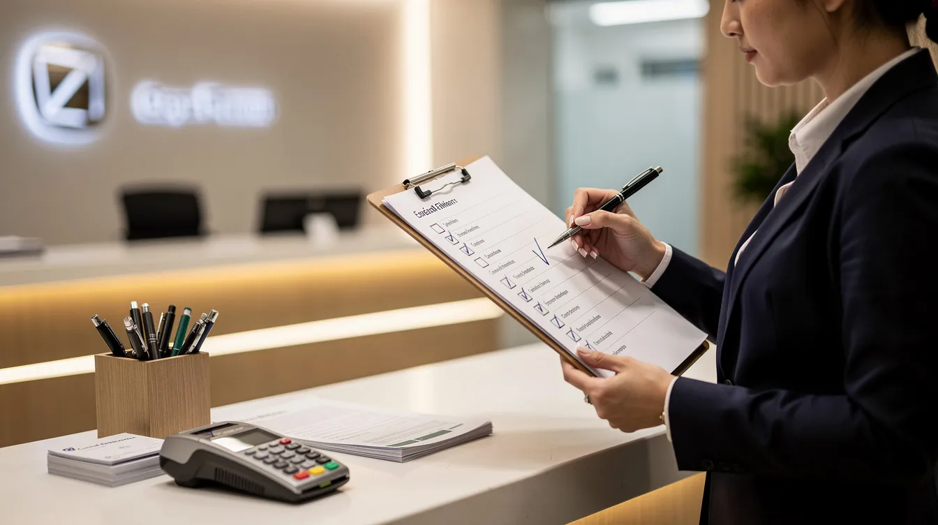 The image shows a person at a business counter, focused on ticking off items from a checklist on a clipboard, which likely includes essential elements for a project report related to a mudra loan or business plan. This scene emphasizes organization and attention to detail, crucial for successful project logistics and financial projections.