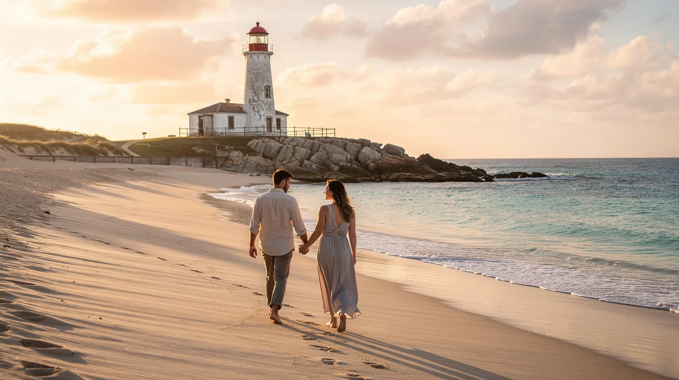 Um casal caminha em uma praia deserta com areia branca e mar cristalino, enquanto ao fundo se destaca um farol antigo, criando uma atmosfera tranquila e romântica. Essa cena evoca a beleza das praias do Caribe, como as de Curaçao, e promete uma experiência inesquecível em um destino paradisíaco.