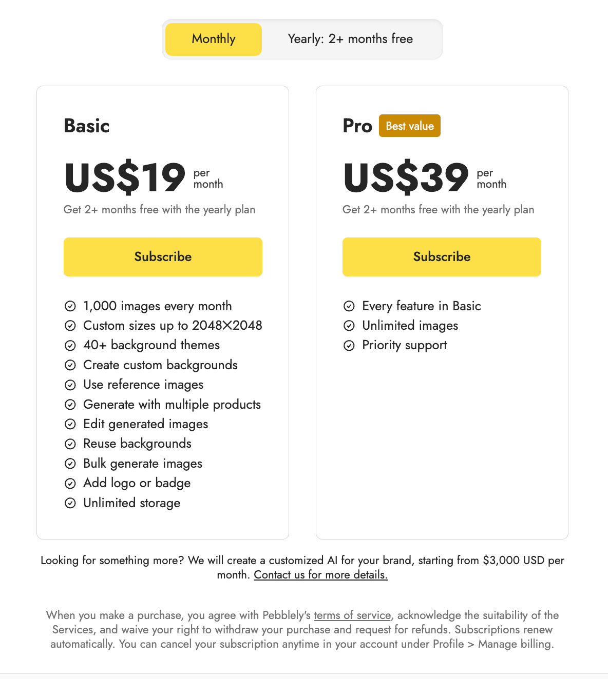 AI photo tool pricing plans showing Basic at $19/month for 1,000 images and Pro at $39/month with unlimited images and priority support.