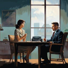 woman and man sitting at desk