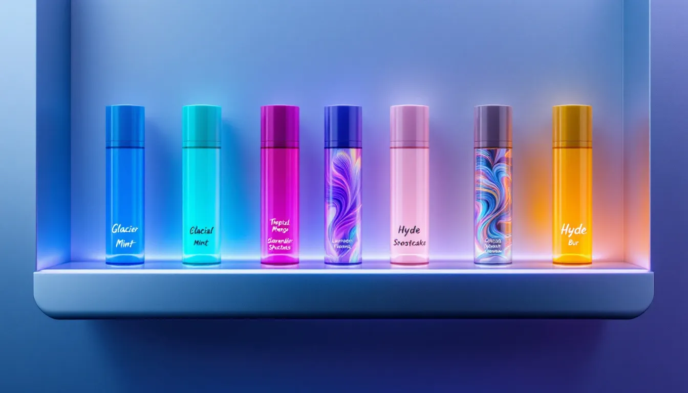 An array of flavored Hyde vape liquids displayed on a shelf.