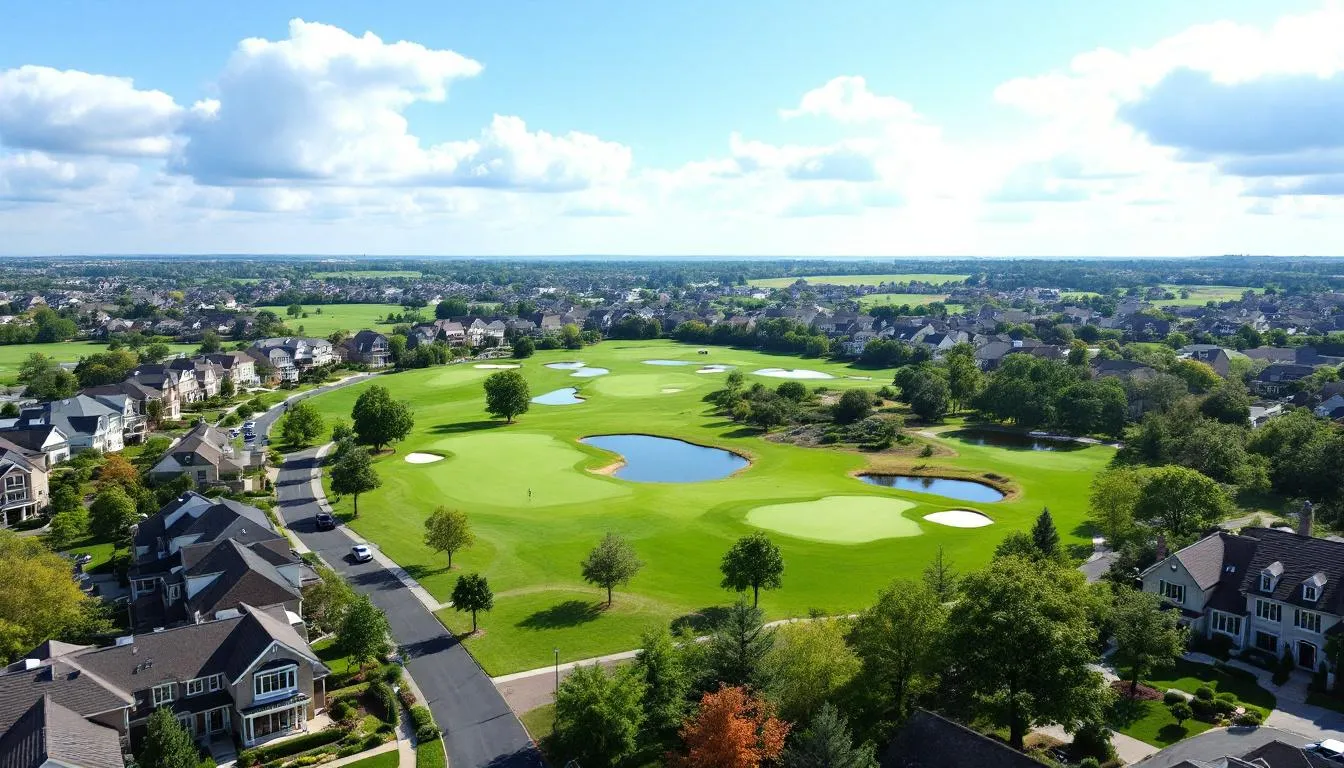 In the image, a picturesque community of houses is arranged around a lush golf course