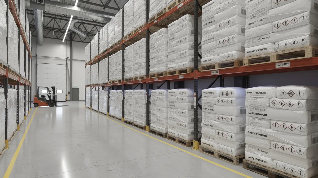 f1cfe09e bd62 44e5 96a1 35a64d79a92a The image depicts the interior of a warehouse filled with stacked industrial bags of whey protein powder on pallets, showcasing the organized storage typical of a whey protein manufacturing plant. This setting highlights the importance of efficient raw material management and infrastructure costs in the whey protein industry.
